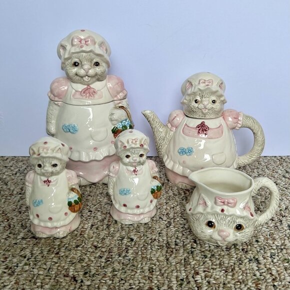 Kitty Cats with Polka Dot Bonnets 5pc Ceramic Kitchen Counter Utility Set - Picture 1 of 16